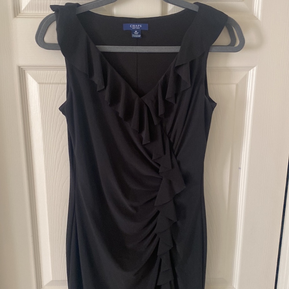 Classic Ruffled Chaps Dress, V Neck, Black, M